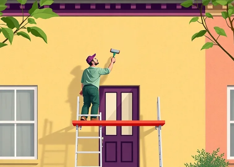 Peintre sur échafaudage traitant la façade d'une maison