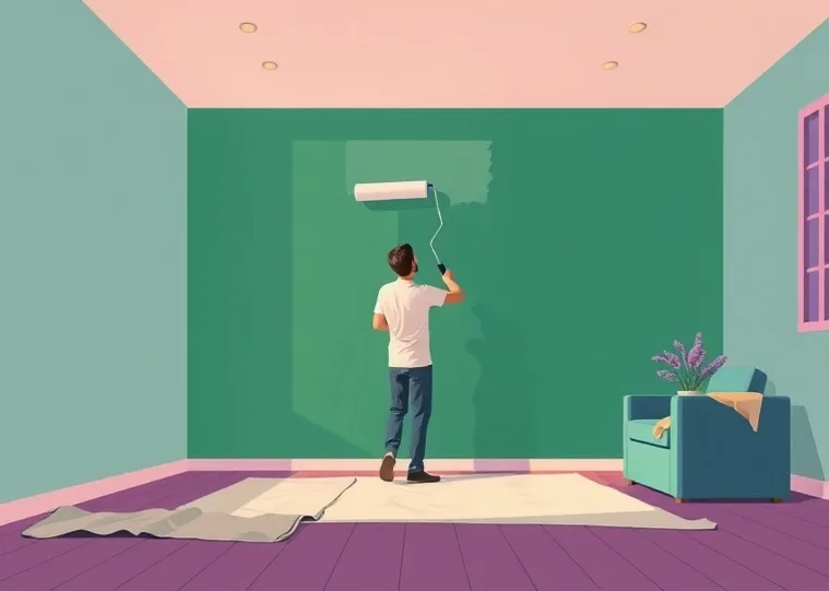 Peintre appliquant la peinture au rouleau sur un mur de salon